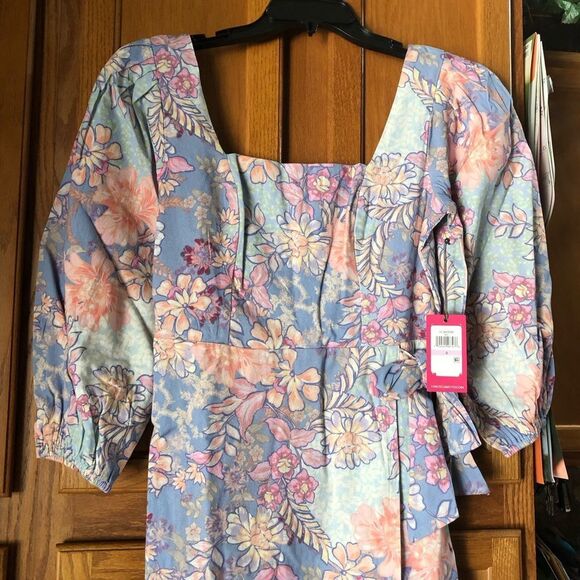 NWT Vince Camuto Square Neck Floral Linen Cotton Sheath Dress - 6 - Picture 4 of 16